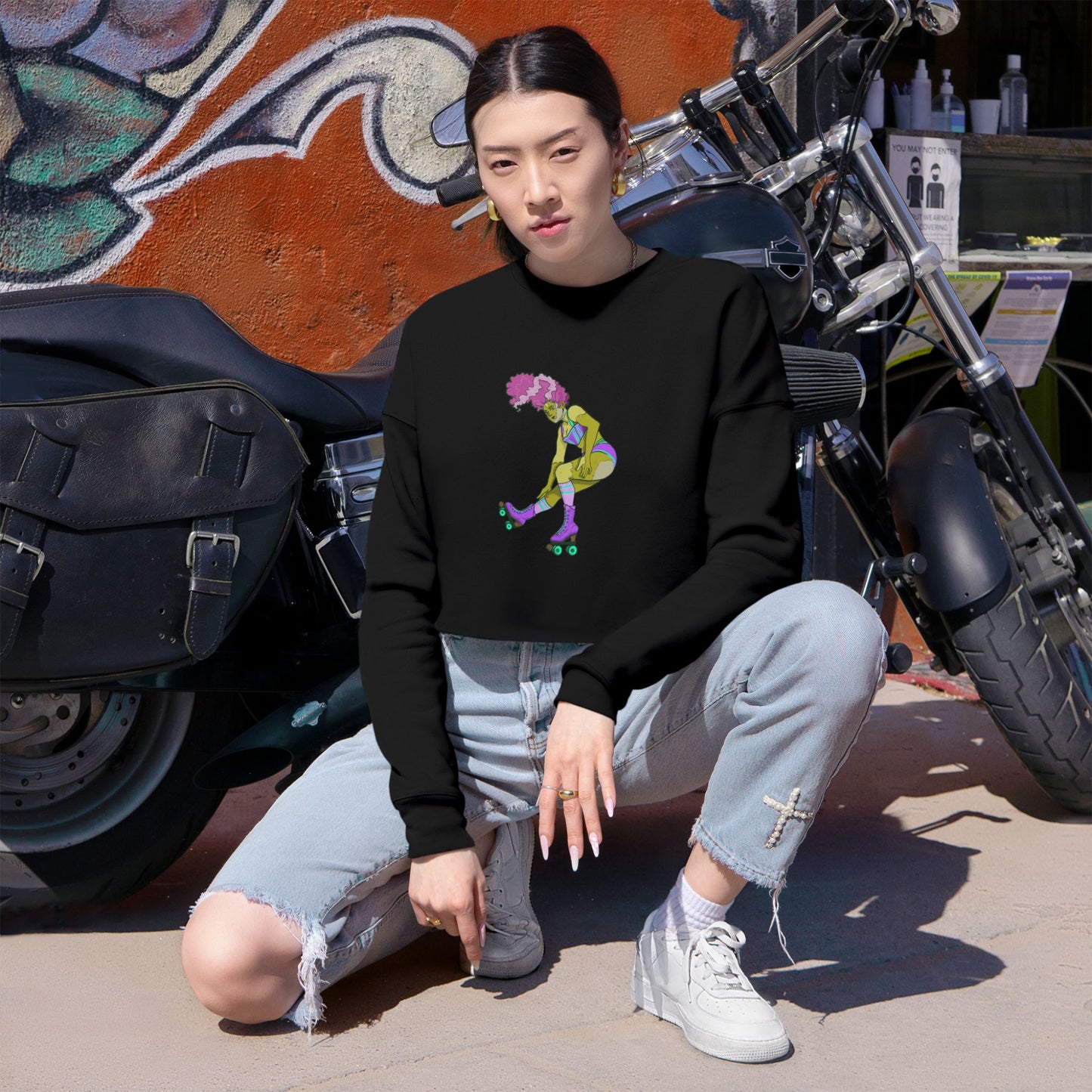 Fierce Frankenstein Roller Girl Cropped Sweatshirt