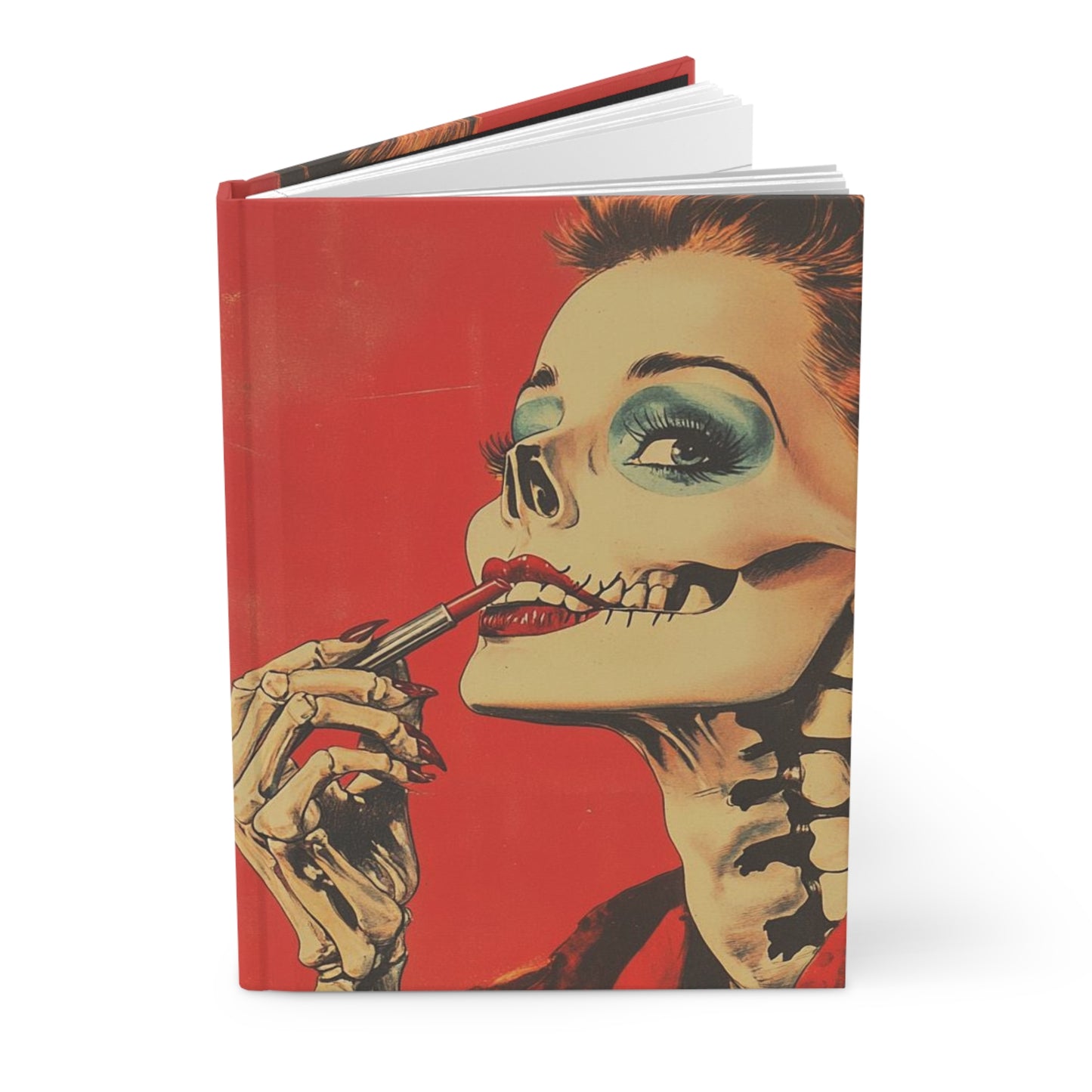 Vintage Skeleton Glam Hardcover Notebook – Red Matte Finish, 150 Lined Pages for Journaling & Creative Expression