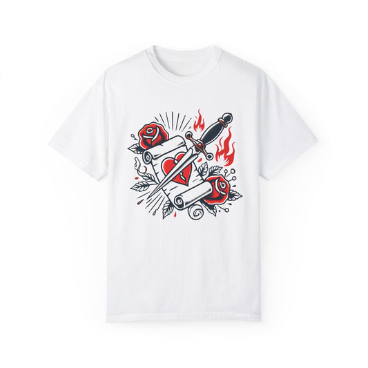 White t-shirt with bold tattoo-style design featuring a heart, roses, and dagger with scrolls and flames.